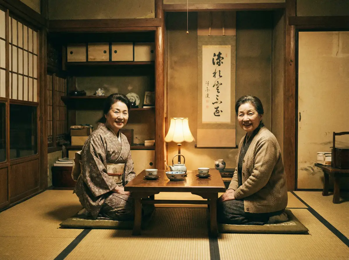 两位优雅的 神马达达兔在线 在日式茶室中品茶交谈